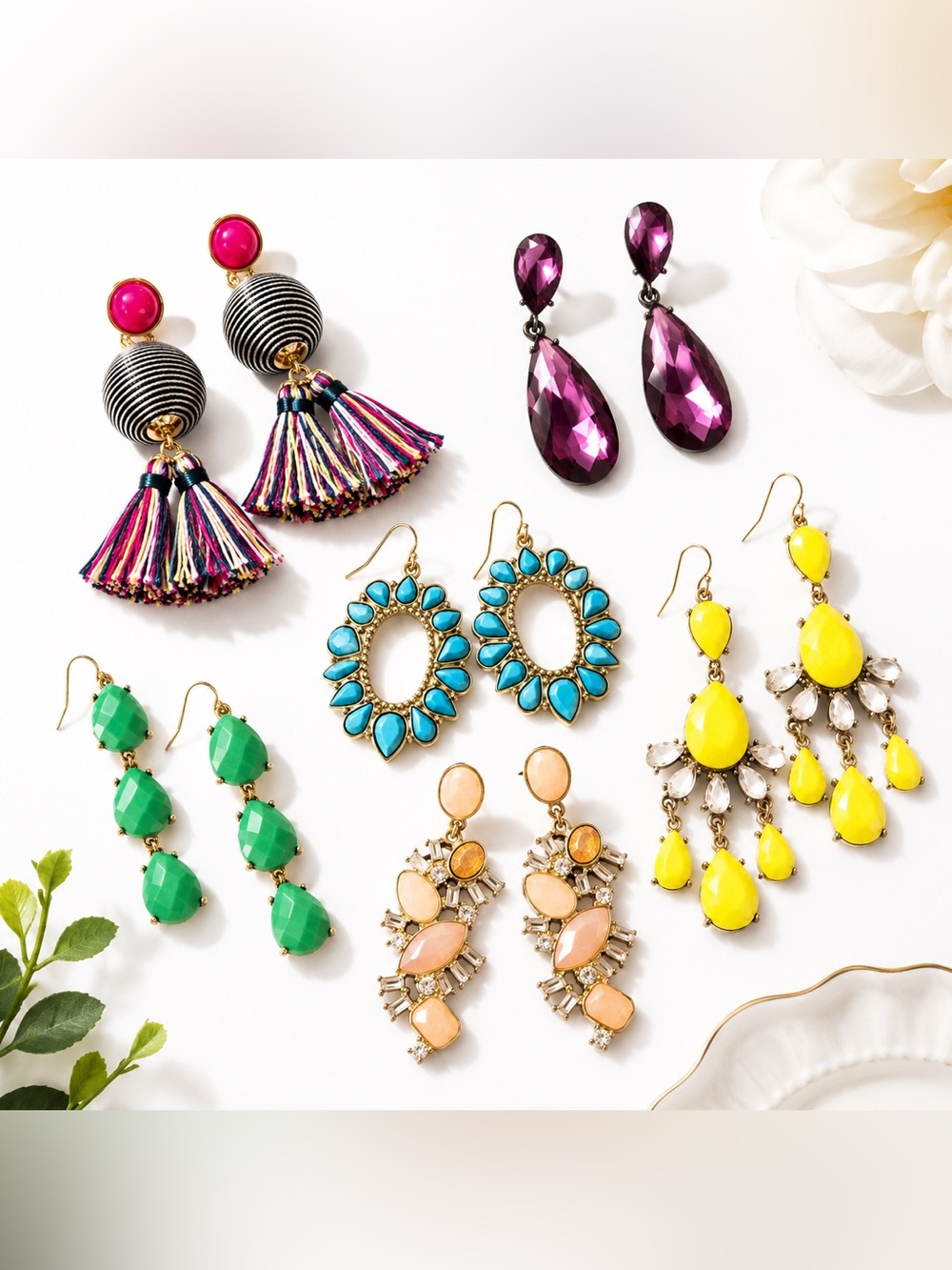 6 Pair Statement Earring Bundle Colorful Tassel Crystal Drop Boho Jewelry Lot